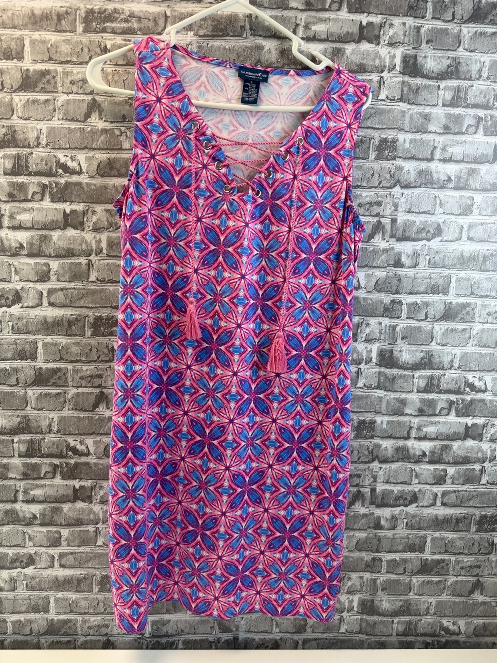 Caribbean Joe Pink & Blue Geometric Sleeveless Dress